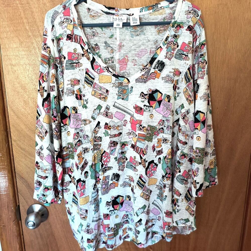 Nicole Miller Top 2X Multicolor Beach Print 100% Linen Coastal Vacation Resort